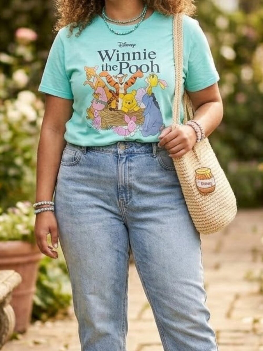 Disney Winnie the Pooh Classic Cartoon Graphic Crop Tee Shirt Medium Mint Green